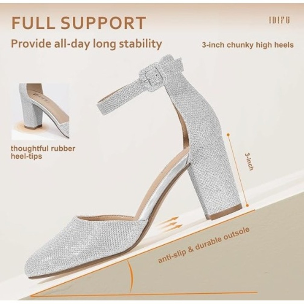 IDIFU IN3 Closed Toe Heels Women Size 6‎ Silver Chunky Block Heel Pumps